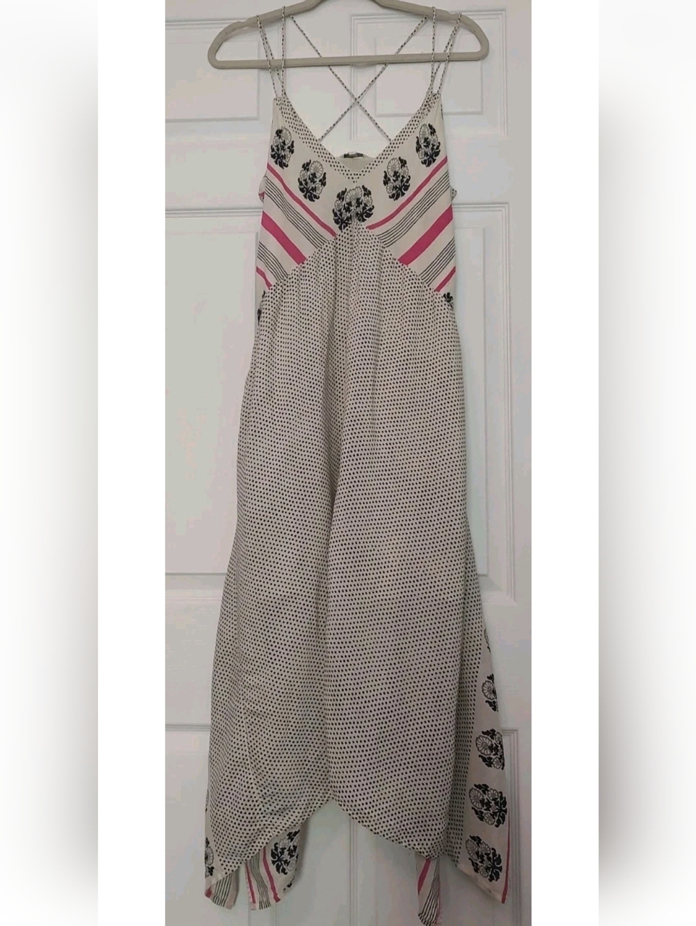 Lucky Brand Midi Polka Dot Dress Asymmetrical Luna Border Print Side Slits S